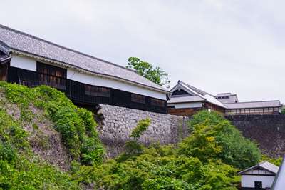 地震で崩落した石垣と、たわんだ建物